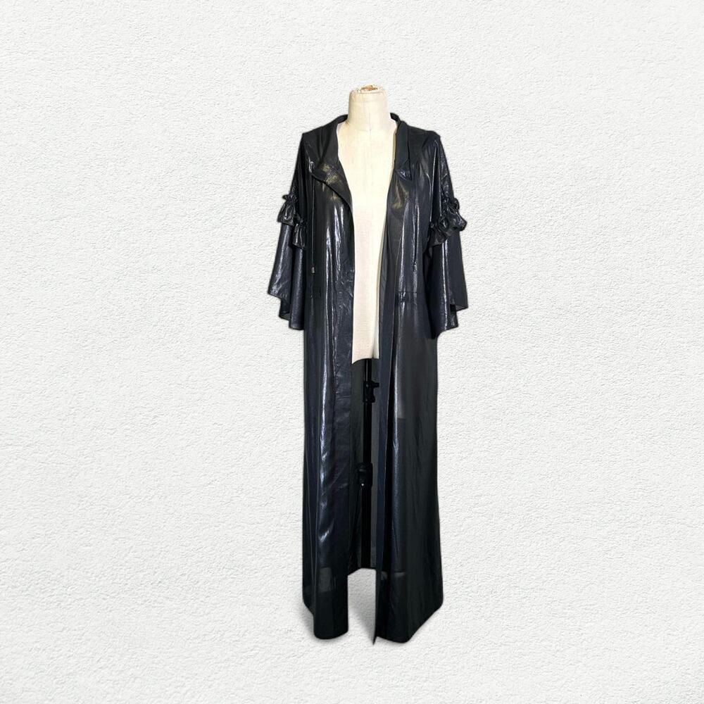 Nocturne Siyah Long Overcoat Ruched Waist Trench Fly on Sleeves in Black